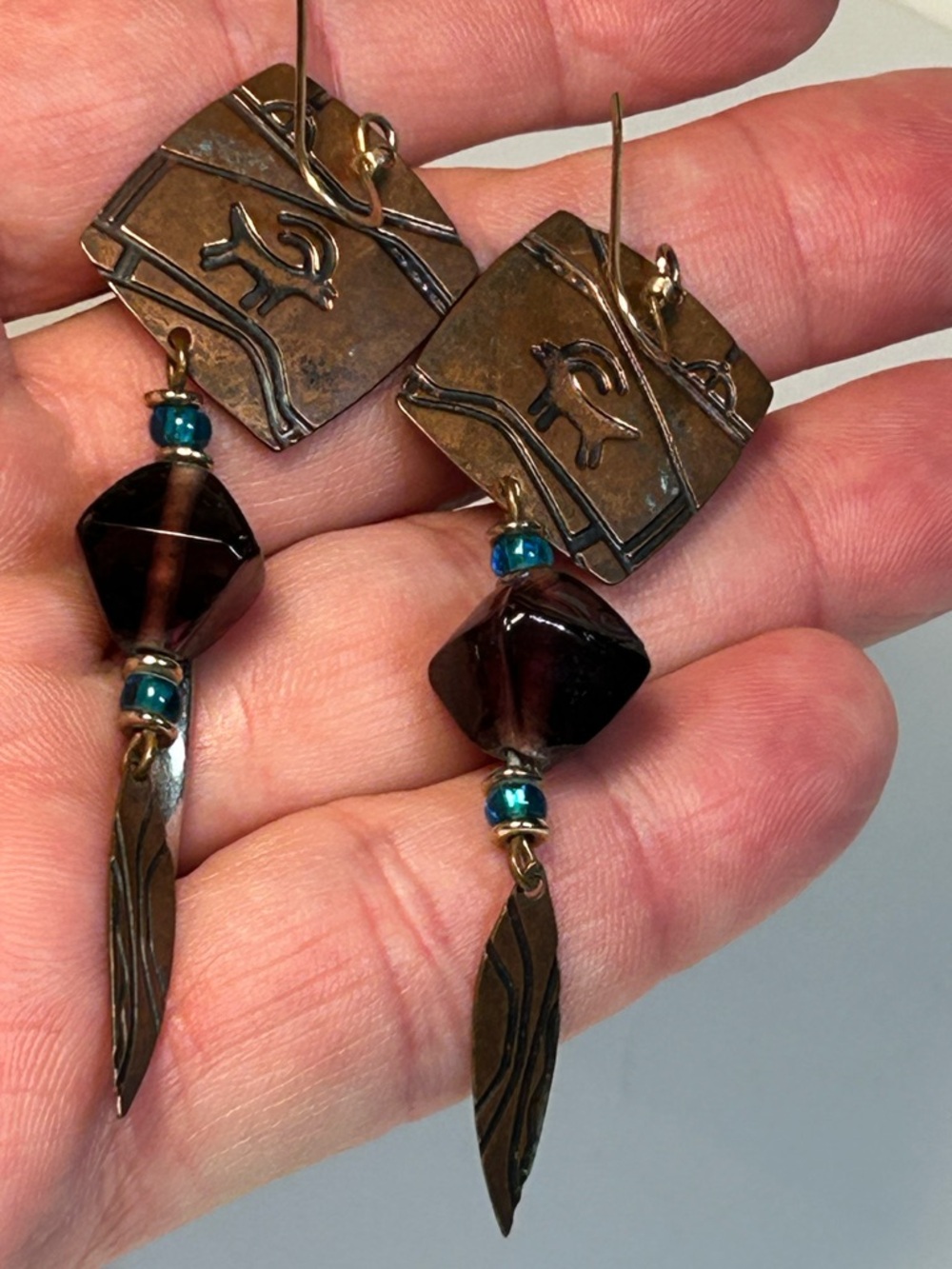 Handcrafted Copper Southwestern Dangle Earrings Artist Signed Kyle